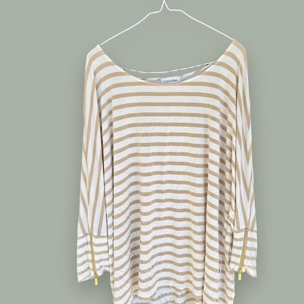 Calvin Klein Striped Dolman Top Womens 2X Tan Cream Gold Zip Sleeves